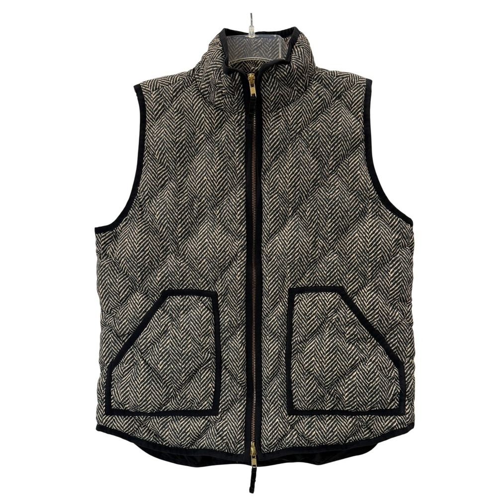 J.Crew Excursion Puffer Vest Black White Herringbone Quilted Down Full Zip M